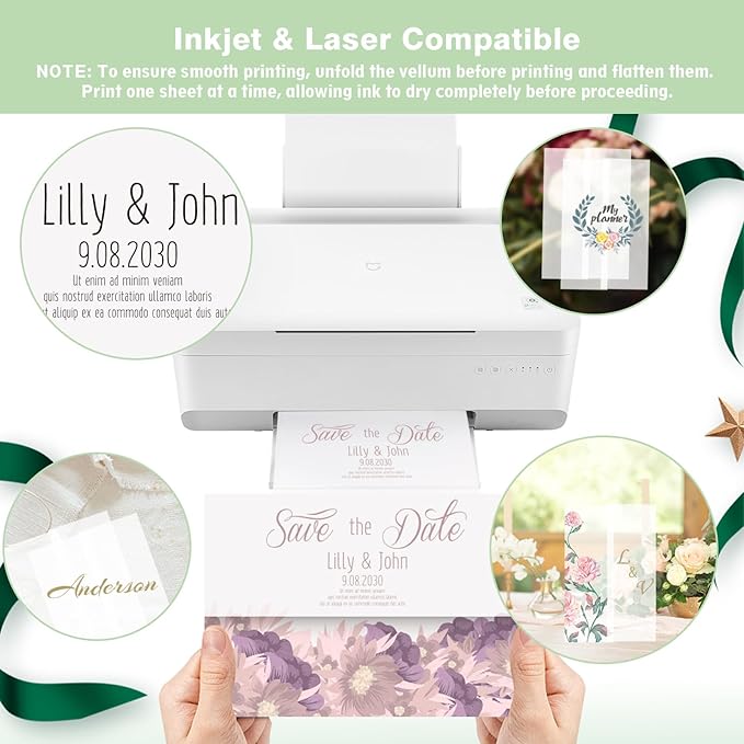 50 Pack Vellum Jackets for 5x7 Invitations Pre-Folded, 115 GSM Translucent Printable Vellum Paper 5x7, Vellum Wraps for Wedding Invitations sleeves, Birthday Greeting Cards, DIY Crafts