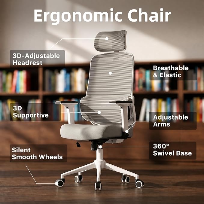 High Back Ergonomic Desk Chair with Adjustable Lumbar Support and Headrest Home Office Desk Chair with flip-up Armrests for Home, Office, Gaming, Student（White）