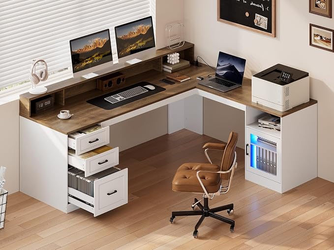 63" L Shaped Desk with Drawers, Corner Desk with File Cabinet | LED L Shaped Office Desk with Storage, Wooden L Shaped Executive Desk with Power Outlet & Monitor Stand, White and Walnut