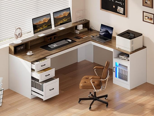 63" L Shaped Desk with Drawers, Corner Desk with File Cabinet | LED L Shaped Office Desk with Storage, Wooden L Shaped Executive Desk with Power Outlet & Monitor Stand, White and Walnut