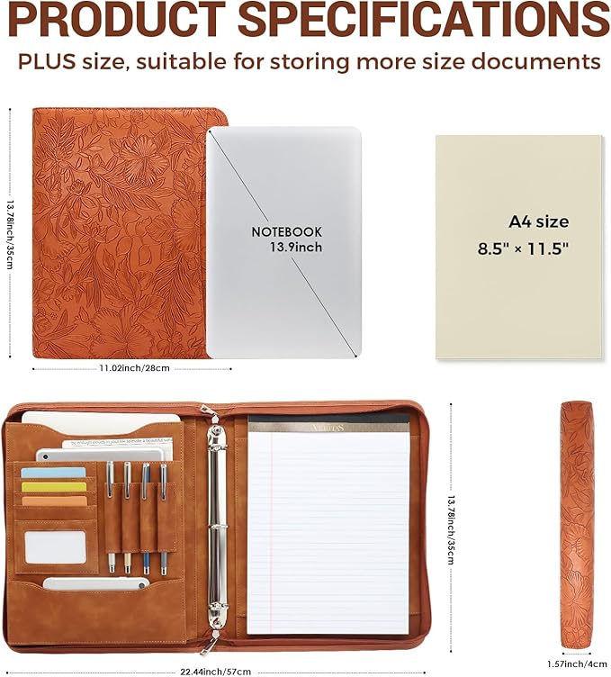 Embossed Faux Leather Zippered Padfolio with 3 Ring Binder, Executive Portfolio Organizer Binder for Women, Fits 13.9" Laptop/Tablet, Refillable Writing Pad Pocket, Brown
