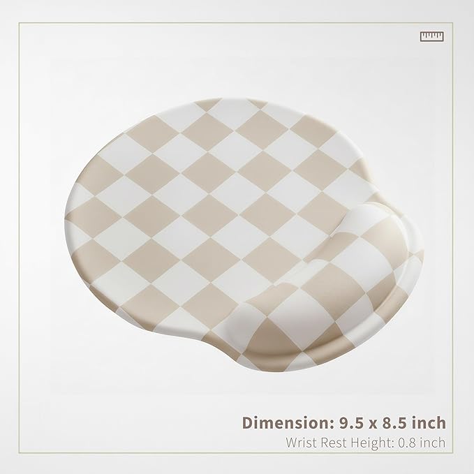 Beige White Checkered Mouse Pad with Gel Wrist Rest, Wrist Support, Ergonomic Desk Accessories for Women, Office Laptop Gaming Decor, Cute Aesthetic Check Design