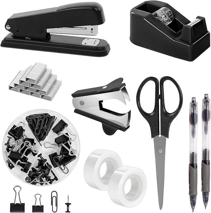 SKYDUE Black Office Supplies Set, Stapler and Tape Dispenser Set,10PCS | Black Desk Accessories with Stapler, Tape Dispenser, Scissors, Binder/Paper Clips and 1000pcs Staples, Desk Supplies Set