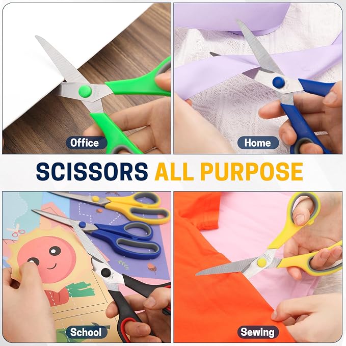 BURVAGY 10 Pack 8" Scissors All Purpose, Heavy Duty Scissors for Office | Scissors Bulk Multipurpose Comfort-Grip Sharp Adult Office Scissors Set Sewing Fabric Stainless Steel Blades, Right/Left Hand