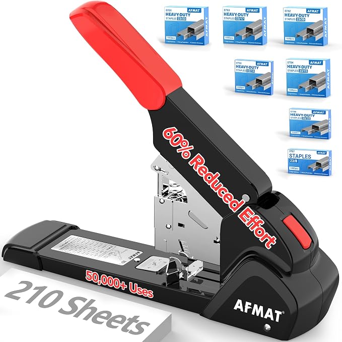 AFMAT Heavy Duty Stapler, 210 Sheet Staplers for Desk with 7000 Staples, Jam-Free, 50000+ Uses, 60% Reduced Effort, Easy Reload, Adjustable Paper Guide, Large Metal Manual Office Staplers, ES15