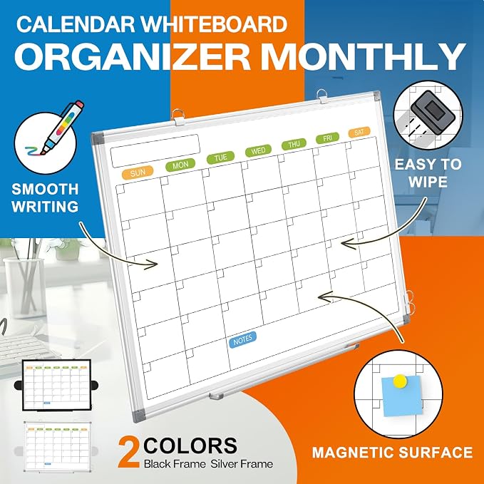 24" x 18" Magnetic Monthly Dry Erase Whiteboard Calendar for Wall | Double-sided & Smooth Writing Calendar White Board Hanging Aluminum Frame, Home, School, Office
