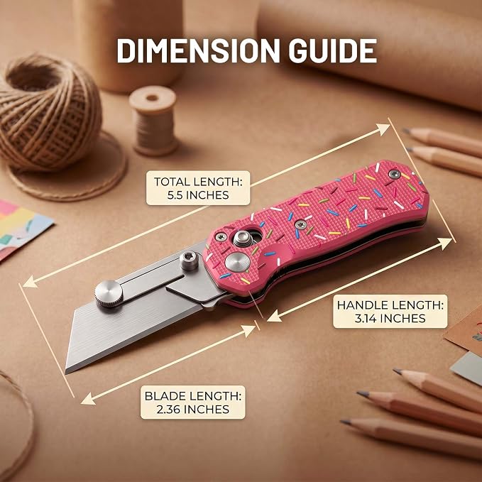 Folding Utility Knife, Pocket Knife, Box cutter Knife with Pocket & Rail Lock, Durable Razor Knife for Home Office Warehouse Everyday Carry, Gift for Men Women（Pink Donuts）