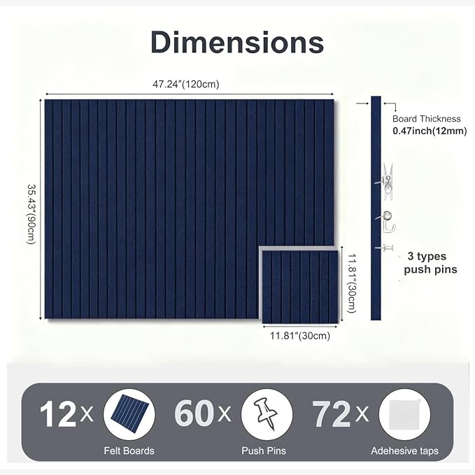 0.47" Thick Felt Pin Board 48"x36" Large Cork Board Alternative 12 Pack 11.81"x11.81"Felt Bulletin Board Wall Tiles Notice Board with 60 Pushpins for Home Office School(Fine-Dark Blue)