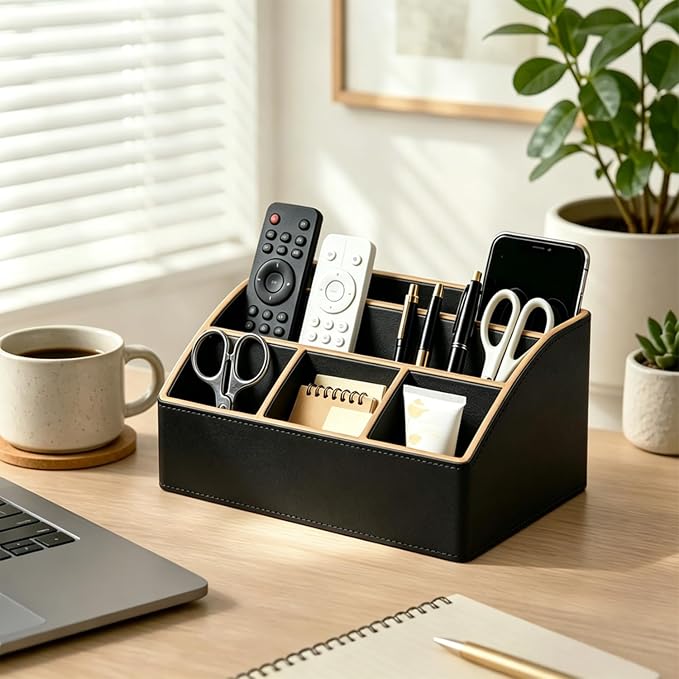 TV Remote Control Holder, Mail Organizer Countertop, Office Bill Sorter | PU Leather Aesthetic 5-Slot Pen/Pencil Caddy, Art Supplies Storage Box for Makeup Brushes, Nightstand Accessories Home Decor