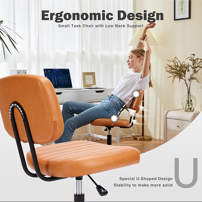 DUMOS Small Desk Chair, Home Office Chair, Lumbar Support | PU Leather, Low Back, 360 Swivel Wheels, Height Adjustable, Armless Computer Task, Brown