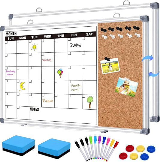 Calendar Whiteboard for Wall, 24" x 18" Double Sided Monthly Dry Erase Board Calendar for Office, Home, School, Hanging Cork Board White Board Combo, Portable Magnetic Dry Erase Planner Board