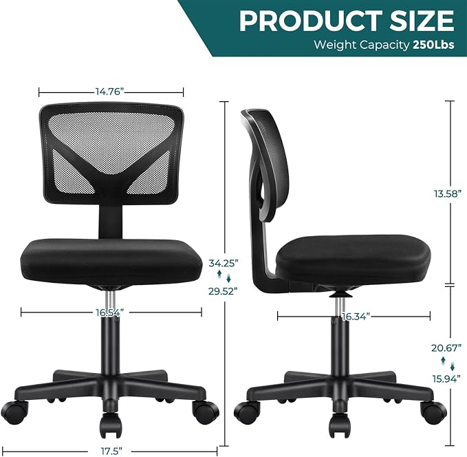 DUMOS Armless Desk Chairs, Small Home Office Mesh Chairs | Ergonomic Adjustable Mid Back, Swivel Rolling Task, Computer Work Vanity Small Spaces, Inky