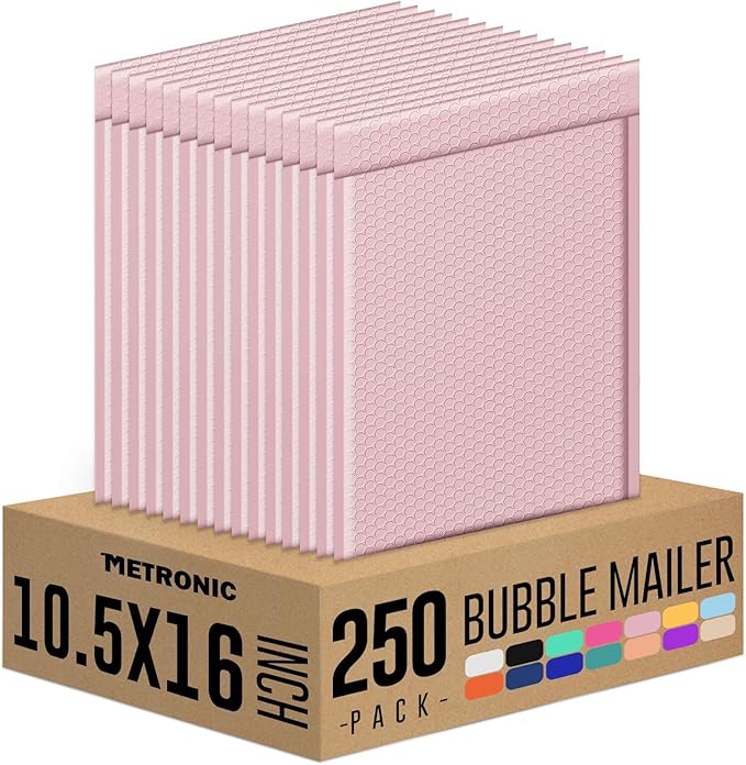 Metronic Bubble Mailers 10.5x16 Inch 250 Pack Light Pink Bubble Mailer Usable Size 10.5x15" Self Seal Waterproof Padded Envelopes for Packaging, Mailing, Shipping, Small Business Supplies Bulk