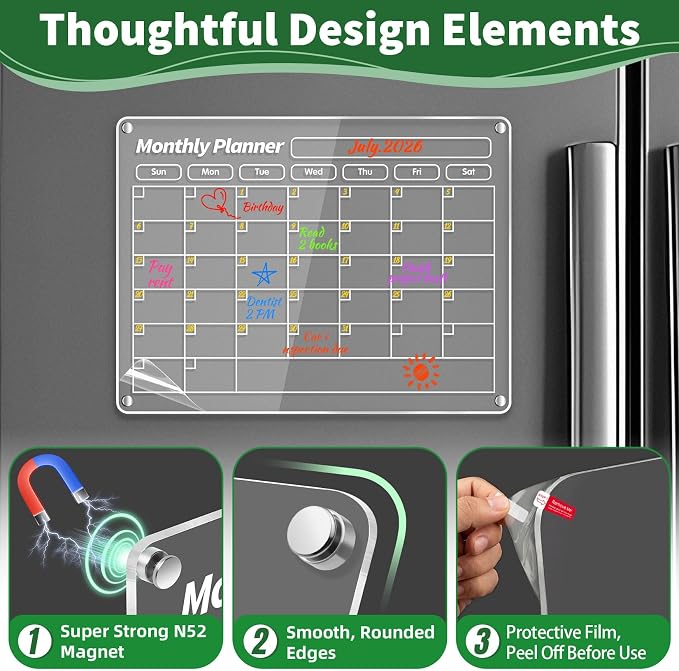 FINDMAG Magnetic Calendar, Dry Erase Calendar for Fridge, Whiteboard, 3 Pcs | Acrylic Calendar for Fridge, Use with Dry Erase Monthly Plans, Meal Notes, To Dos and Tasks
