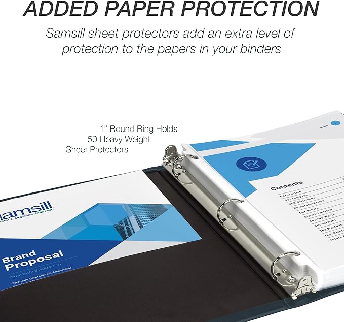 Samsill Classic Collection 3 Ring Leather Binder, Executive Presentation Portfolio, 1 Inch (Holds 100 Sheets), Silver Round Ring, Navy