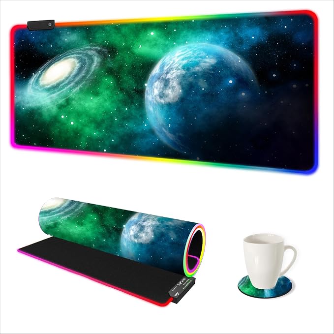 Large RGB Gaming Mouse Pad, Led Big Mouse mat with 14 Light Modes, Extended Soft Computer Keyboard Mat Non-Slip Rubber Base, Green Planet Nebula