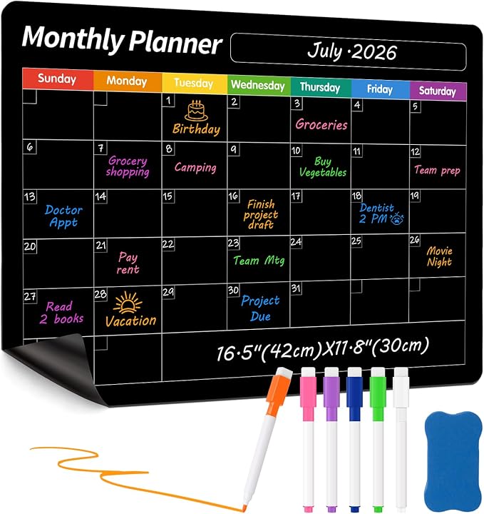 FINDMAG Fridge Calendar, Magnetic Calendar for Planner, Black, 16.5"x11.8" | Fridge Magnets for Plans, Family Tasks, Meal Notes, and Easy Updates with 6 Markers & Eraser