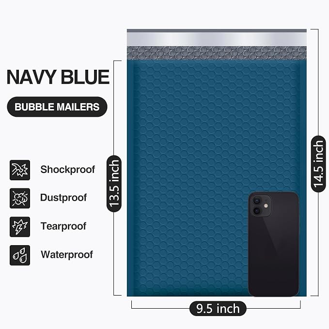 UCGOU Bubble Mailers 9.5x14.5" 40 Pack Usable Size 9.5x13.5" Navy Blue | Waterproof Self Seal Adhesive Large Padded Envelopes for Small Business Bubble Packaging Envelopes for Mailing Jewelry Makeup