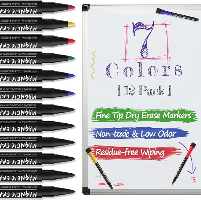 Magnetic Dry Erase Markers Fine Tip, 7 Colors (12 Pack) White Board Markers Dry Erase Marker with Eraser Cap, Low Odor Whiteboard Markers Thin Whiteboard Markers for Office Supplies