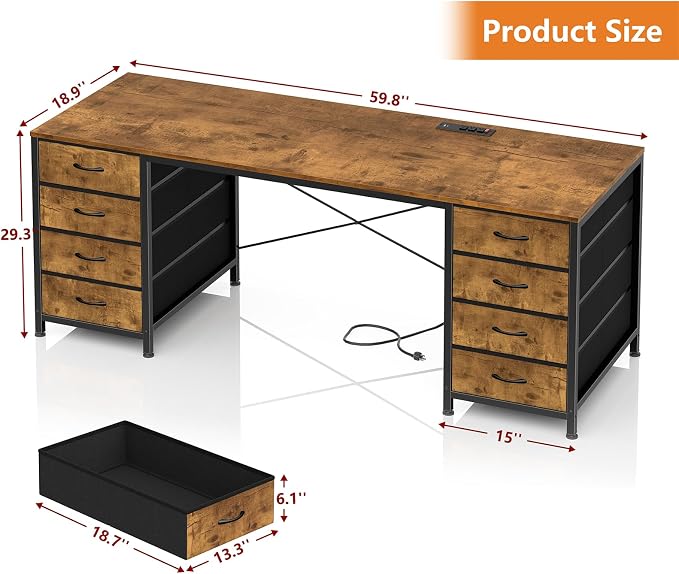 60 Inch Computer Desk with 8 Drawers for Home Office, Bedroom, Living Room | Home Office Desk with Power Outlets, Work Study Gaming Desk with 8 Fabric Drawers, White