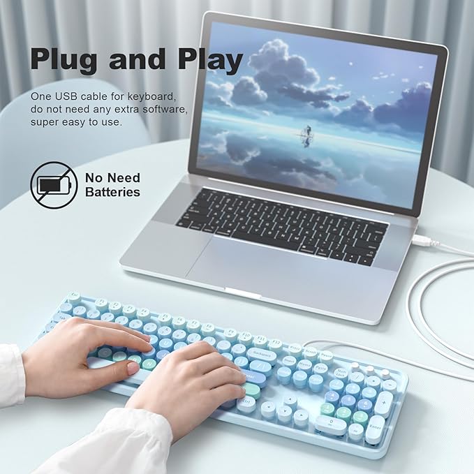 Computer Keyboard Wired, Plug and Play USB Retro Round Typewriter Keyboard, Full Size Wired Keyboard with Foldable Stands for Laptop and Office PC