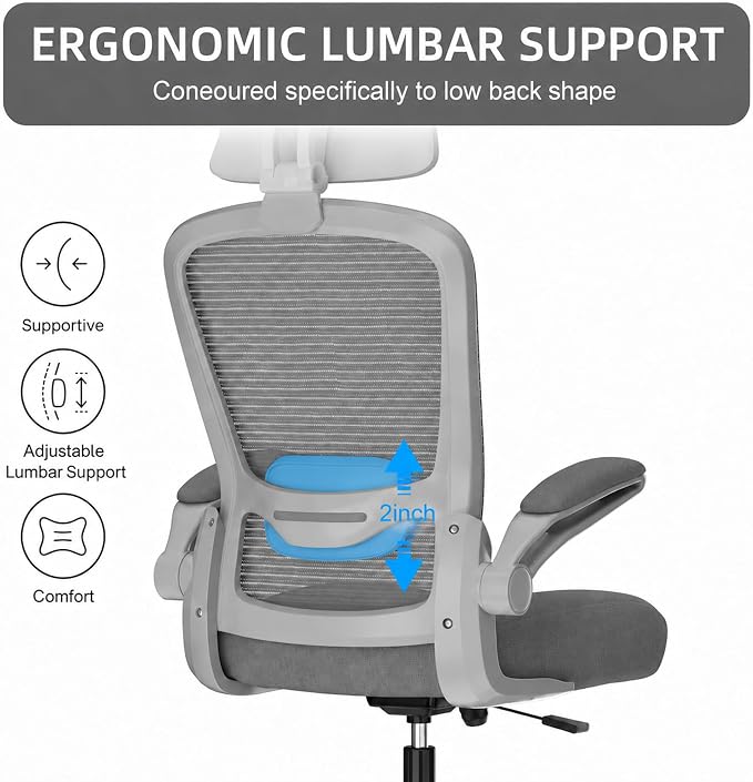 Mimoglad Office Chair, High Back Ergonomic Desk Chair with Adjustable Lumbar Support and Headrest, with flip-up Armrests for Guitar Playing, 5 Years Warranty (Modern, Grey/Gray)