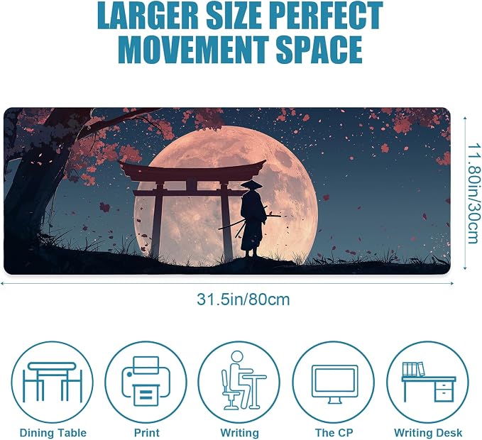 Japanese Samurai Gaming Mouse Pad, Desk Mat, Large Mousepad with Non-Slip Rubber Base XL Extended, Big Keyboard Mat Office&Home, Gamers, 31.5x11.8in, Cherry Blossom