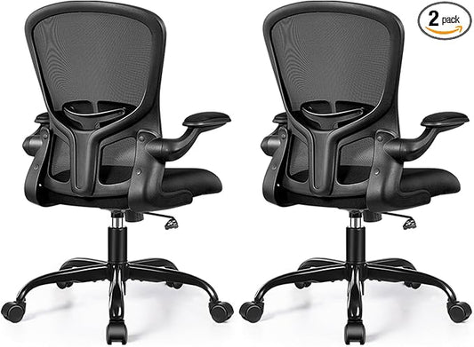 FelixKing Office Desk Chairs, Ergonomic PC Desk Chair with Wheels, Adjustable Lumbar Support and Height, Swivel Computer Chair with Flip-up Armrests, Ergo Mesh Backrest for Working (Black, Pack of 2)