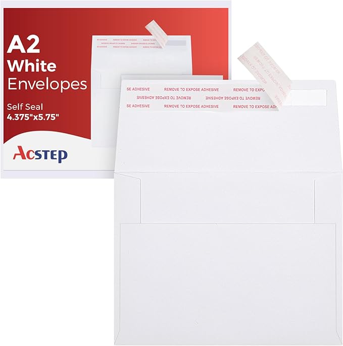 ACSTEP 100PACK A2 Envelopes White 4.375x5.75 Envelopes Self Seal for Greeting Cards, Wedding, Invitations, RSVP cards, Thank You Note Cards, Notice, and Announcements.