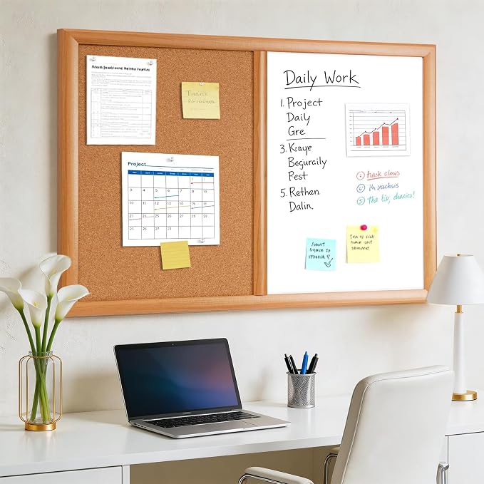Cork Board White Board Combo with MDF Wood Frame | 36 x 24 Inch Bulletin Board, Magnetic Dry Erase Board & Corkboard for Wall, Vision Board for Home, Office, School