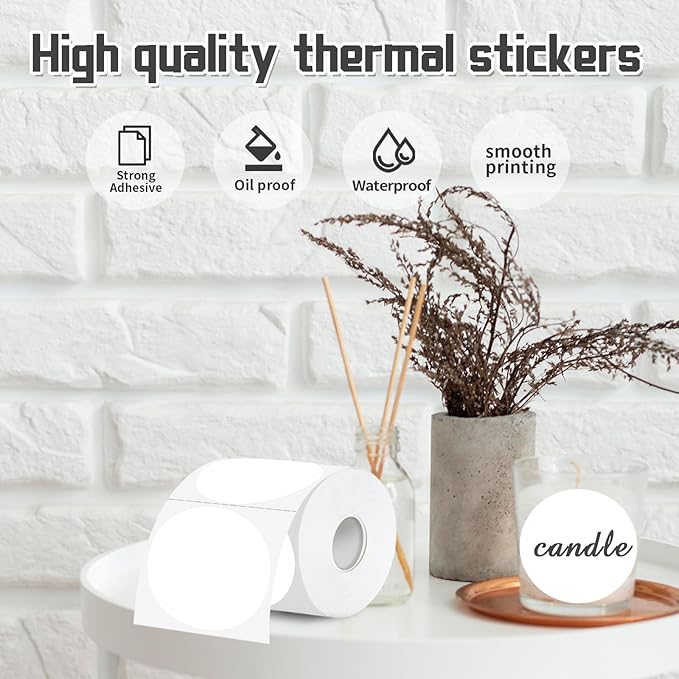 3 Inch Thermal Label,White Round Thermal Printer Label,Waterproof Thermal Stickers for DIY Logo Design,Name Tag,Thanks Card 300 Labels/Roll (White)