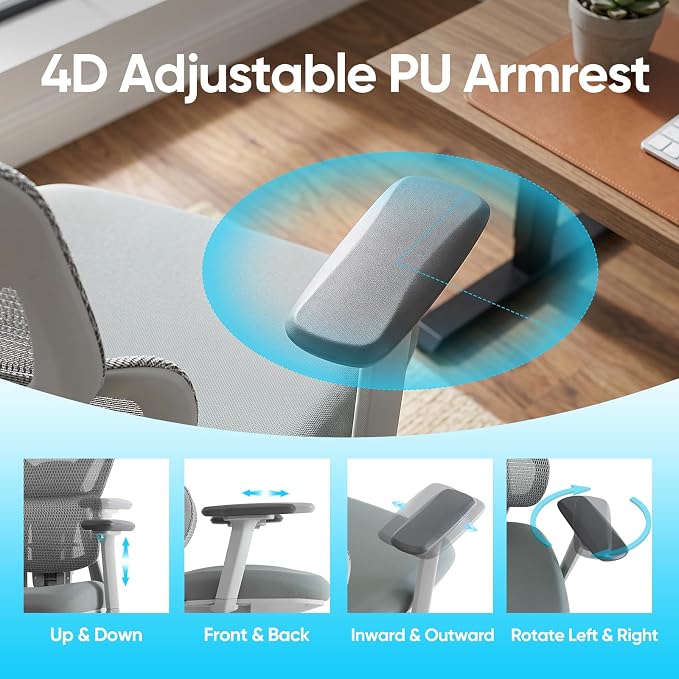 Ergonomic Mesh Office Chair, Desk Chairs with Adjustable Lumbar Support, 4D Flip-up Arms & 3D Headrest, Comfy High Back Breathable Mesh Computer Chair for Home Office, 400lbs (Grey)