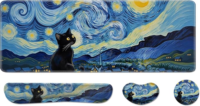 Desk Pad and Keyboard Wrist Rest, Large Mouse Pad + Keyboard Pad+Mouse Wrist Support, Non-Slip Desk Mat Protector for Office, Home 31.5×11.8 Inches Starry Night Cat
