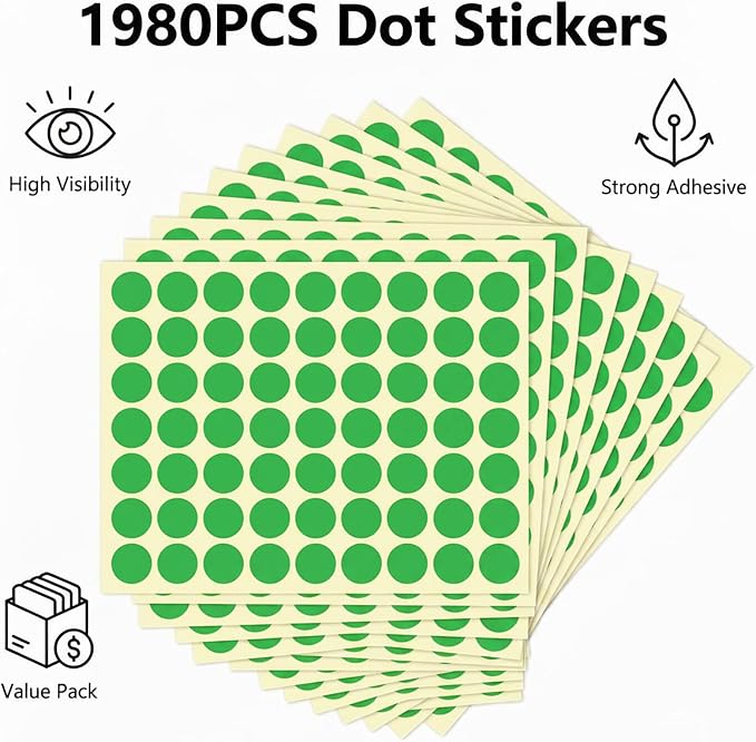 1980 Pcs Dot Stickers 1/2 Inch Green Color Circle Round Stickers Small Code Labels for Office Shop Yard Sale Home Marking (Green, 1/2" (13mm))