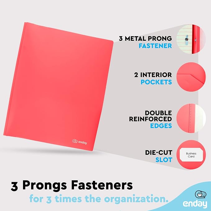 Plastic Folders with Pockets and Prongs Red - Two Pocket Folder with Brads - 3 Prong Folders with Pockets for Letter Size Sheets, Also Available in Blue, Green, Purple, Pink, and Grey, 1 Pc –by Enday