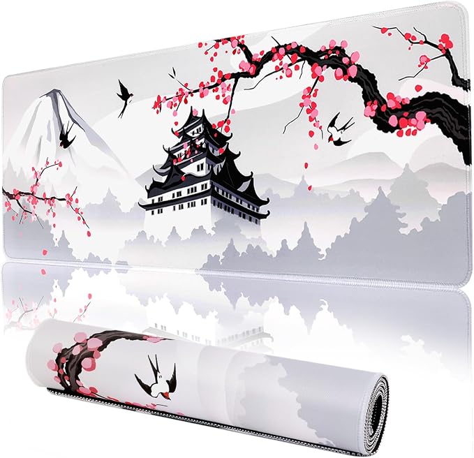 Japanese Cherry Blossom Gaming Mouse Pad 31.5x11.8in Pink Full Desk Japanese Sakura Gaming Mouse Pad Large Non-Slip Rubber Base Waterproof Big Keyboard Mat with Stitched Edges for Game Office