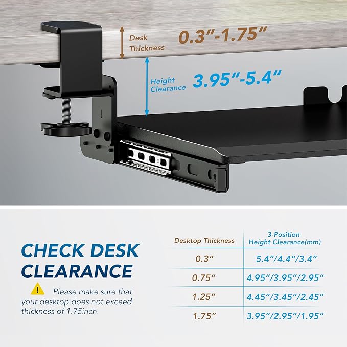Keyboard Tray Under Desk Pull Out with 3 Height Adjustable Extra Sturdy C Clamp Mount System, 32.8 (38 inch Including Clamps) x 12 Inch Slide-Out Platform Computer Drawer for Typing