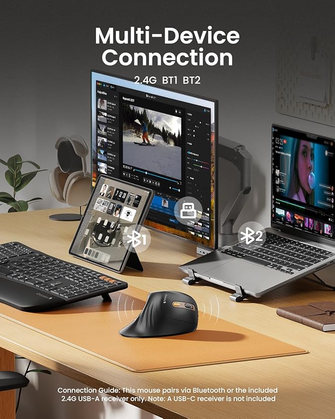 ProtoArc EM11 NL Wireless Ergonomic Mouse, Rechargeable, Black Gold | 58° vertical design supports a natural wrist posture, connect 3 devices via Bluetooth/2.4G USB-A, 500mAh USB-C rechargeable.