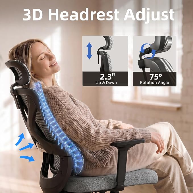High Back Ergonomic Desk Chair with Adjustable Lumbar Support and Headrest Home Office Desk Chair with flip-up Armrests for Home, Office, Gaming, Student（Black）
