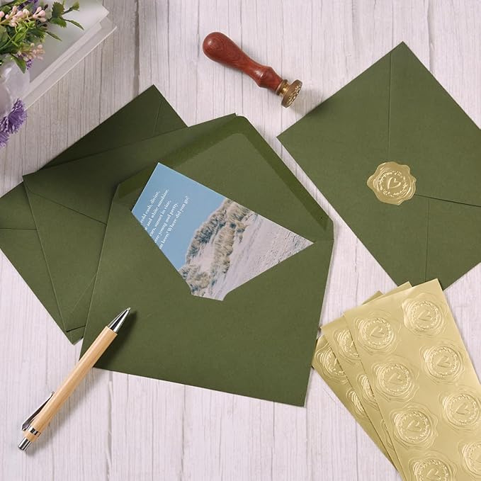 100 Pieces A7 Envelopes Colorful 5x7 Envelopes for Greeting Cards, Birthday, Weddings, Baby Shower Invitation Cards (Olive Green, 5.24 x 7.24 Inches)