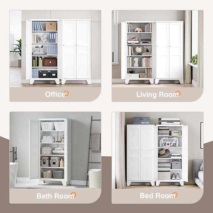 Yizosh Metal Storage Cabinet with 2 Doors and 4 Adjustable Shelves - 61" White Kitchen Pantry Storage 5-Tier Tall Steel Cabinets Locker for Kitchen, Living Room, Dining Room