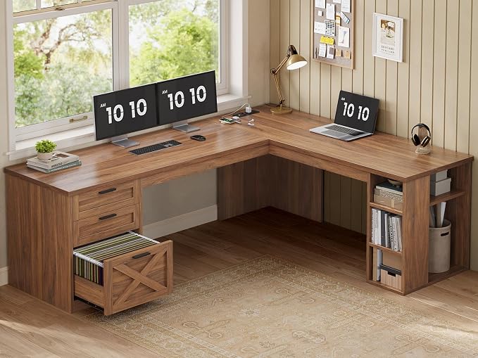 SEDETA 67" Farmhouse L Shaped Desk with 3 Drawers, Executive Home Office Desks with Storage Shelves, Corner Computer Desk with Power Outlets for Home Office, Brown | Executive Home Office Desks with Storage Shelves, Corner Computer Desk with Power Outl...