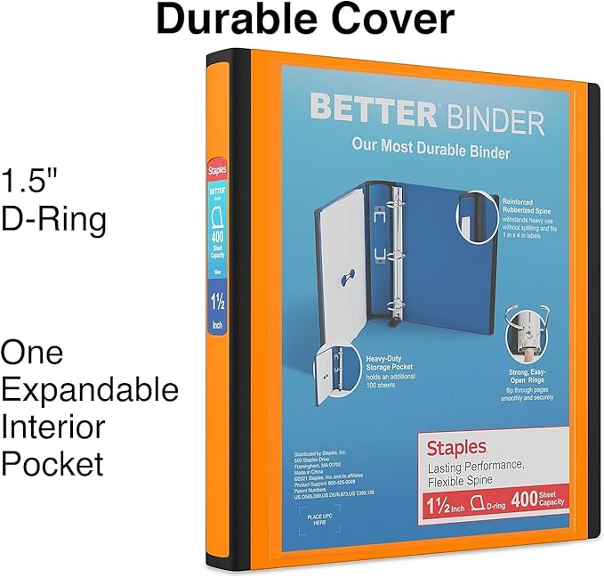 Staples Better Binder 1.5-Inch D-Ring View Binder, Reinforced Spine, Holds Up to 350 Sheets, Orange, for Office & School