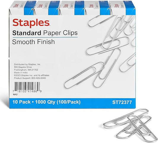 Staples Paper Clips, 1.25", Heavy‑Duty, Silver, 1,000 Pack – Strong Smooth Clips for Office, School & Home Use