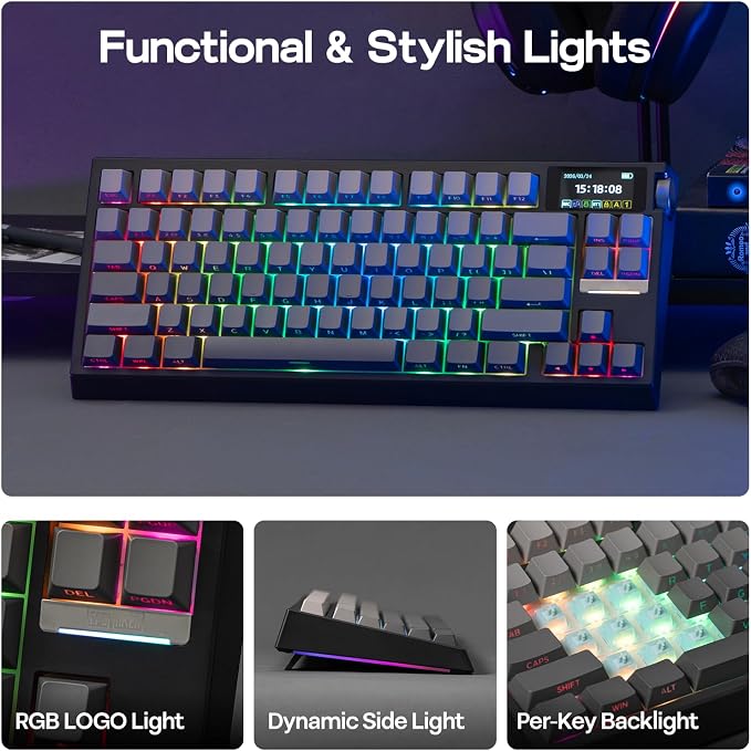 EPOMAKER G84 PRO Wireless Gaming Keyboard w/Screen&Knob, Shine Through | 8000mAh, Hot-Swap, BT5.0/2.4G/USB-C Mode, RGB, 75% Creamy Mechanical Keyboard for Gamers/Office (Black, Creamy Jade Switch)