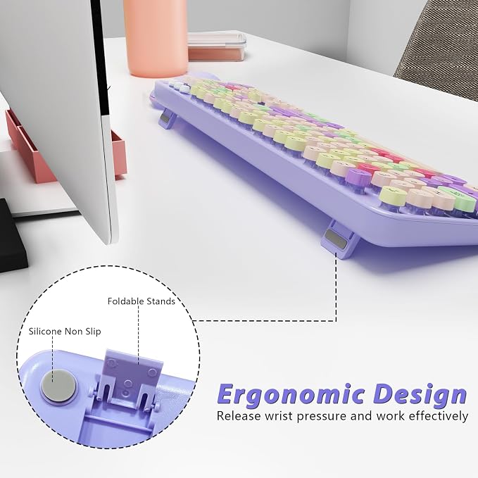 Wireless Computer Keyboard and Mouse Combo,Colorful Purple | Ergonomic Full Size Typewriter Retro Round Keycaps Keyboard, Compatible with Windows, PC, Perfer for Home and Office