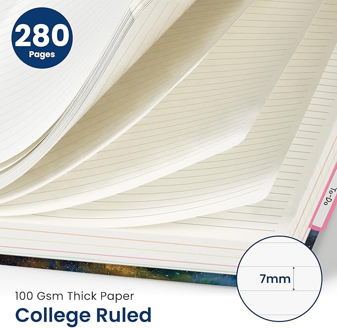Large Spiral Lined Notebooks for Work with Removable Dividers & Tabs, 8.5"x11" Pretty Hardcover 5 Subject Notebook Journal for Women, College Ruled, Perfect for Study & Office Organization, 280 Pages,Starlit Peaks