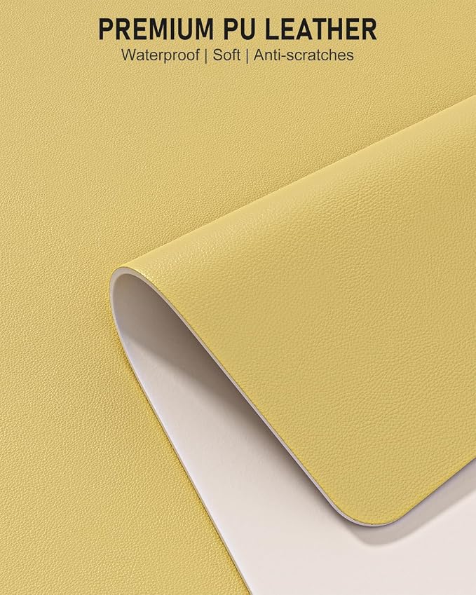 Desk Pad, 35.5" x 17" PU Leather Non-Slip Desk Mat Large Mouse Pad for Desktop, Waterproof Laptop Computer Writing Mat for Office, Home, Work, Gaming, Pale Yellow