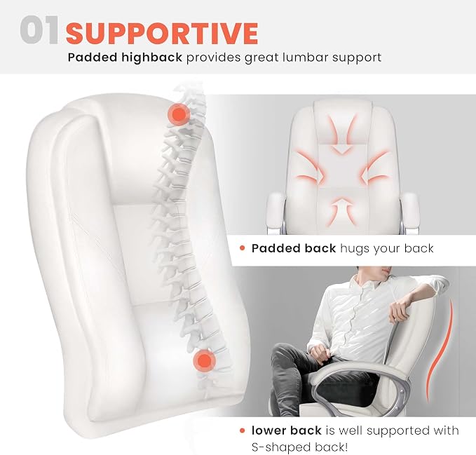 NEO CHAIR Office Desk Chair PU Leather Chair with Lumbar Support, All White | Ergonomic High Back Executive Computer Chair, Comfortable Padded Fixed Armrests Swivel Chair with Wheels for Office/Home
