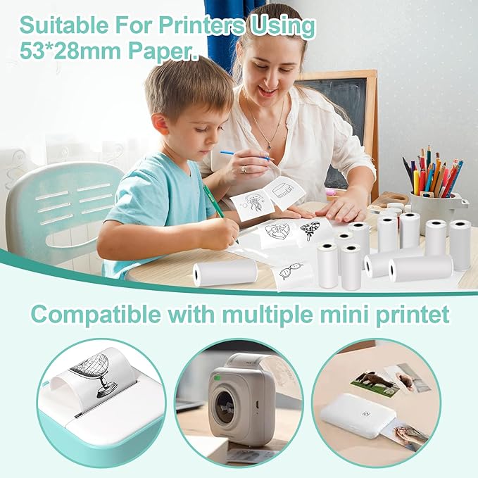 14 Rolls 53mmx28mm Thermal Printer Paper, Mini Colorful Self-adhesive Label Printer Paper Compatible With Phomemo Memoking Mini Printer, Study Notes, Journal Photos